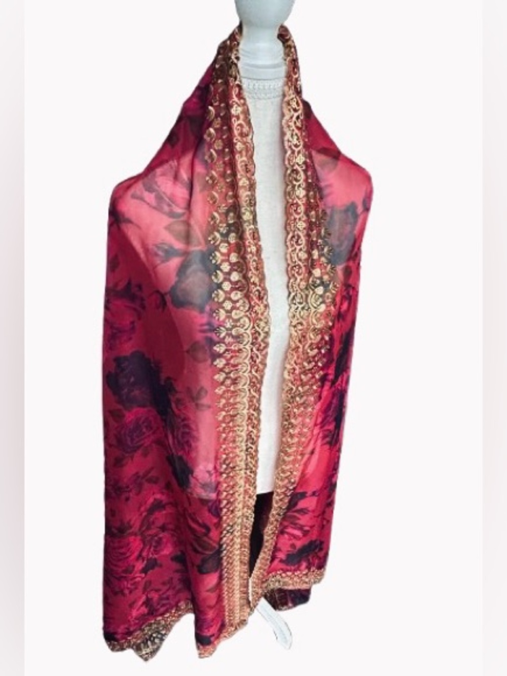 Exquisitely Stunning Scalloped Gold ands Pink Floral Scarf Dupoatta Wrap Sheer